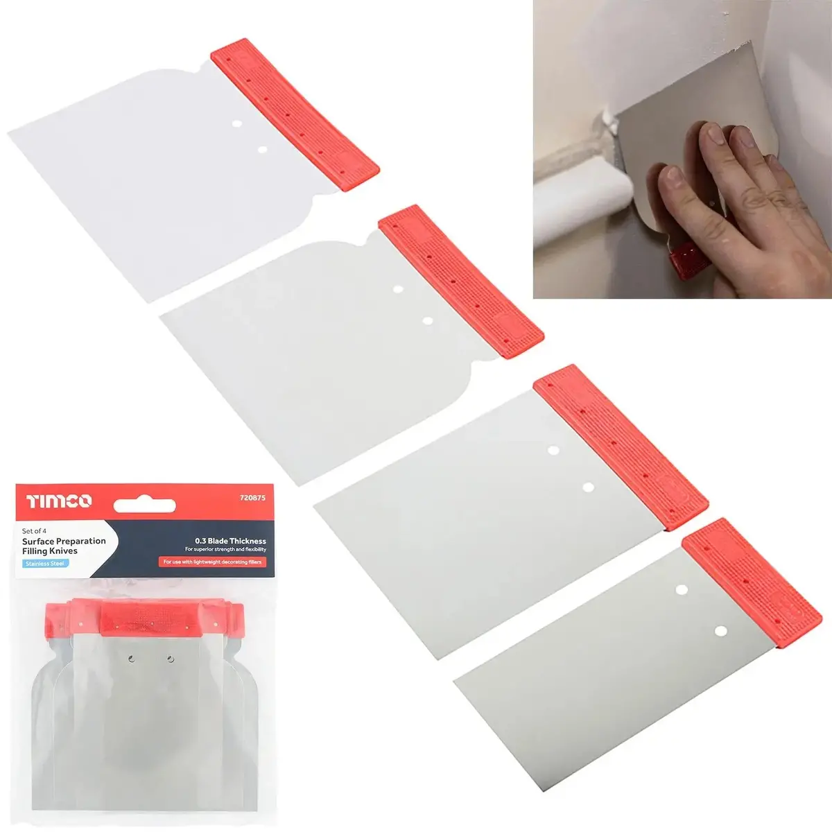 Timco Body Filler Applicator Spreader Surface Preparation Set 4 Piece Stainless Steel 1