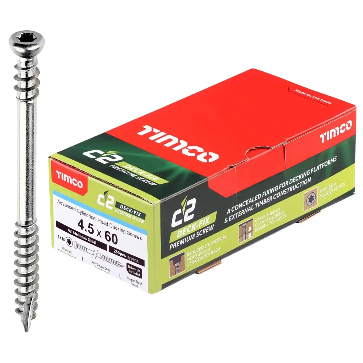 Timco C2 Deck Fix Premium Decking Screw Torx Stainless Steel Cylinder Single Sash 4.5 X 60Mm 250 Screws 1
