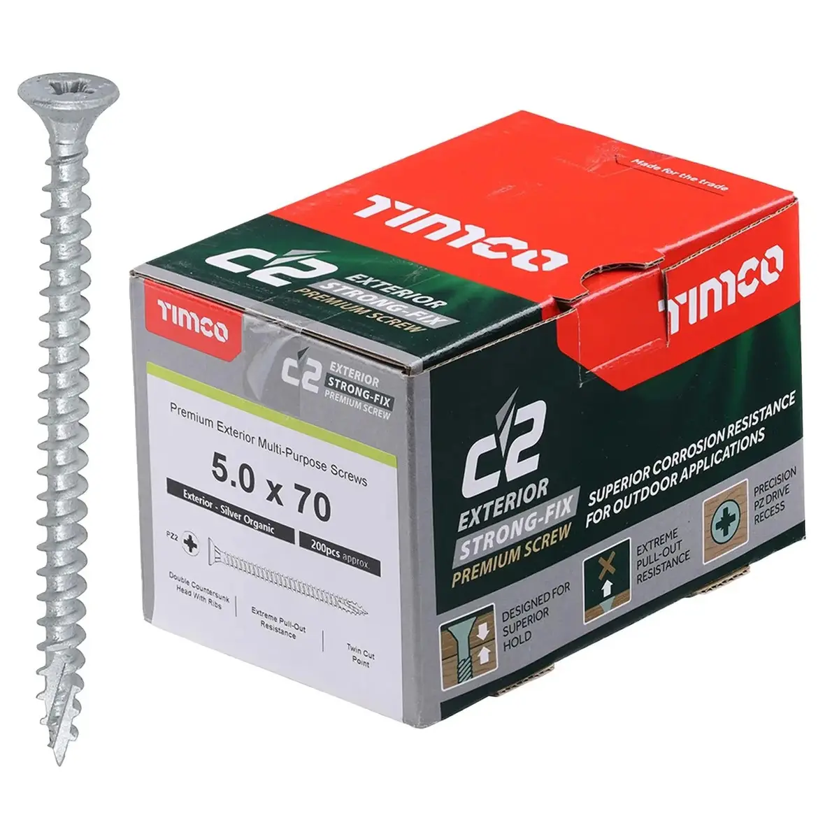 Timco C2 Exterior Strong Fix Premium External Wood Screws Pozi Box Exterior Silver Organic - Choose Size 9