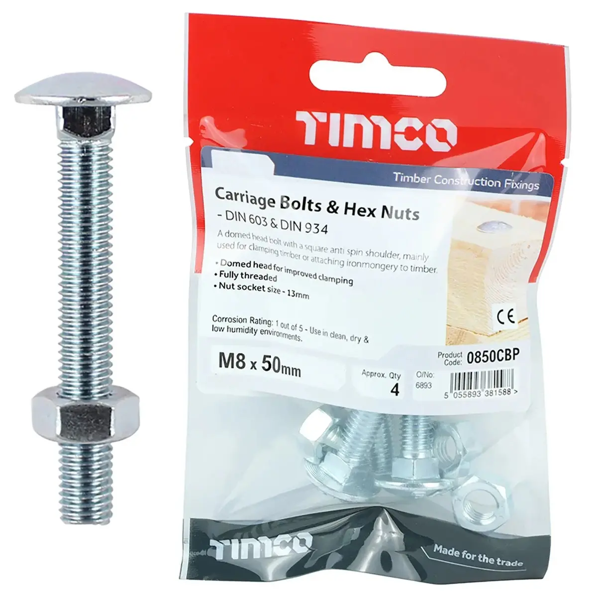 Timco Carriage Bolts With Hex Nuts 4.8 Grade Zinc Carbon Steel Timpac M6-M12 - Choose Size 7