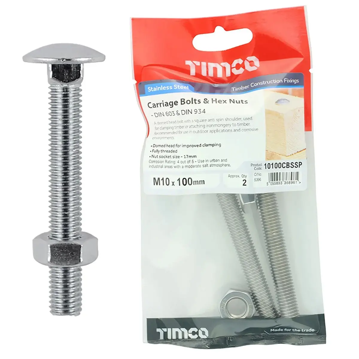 Timco Carriage Bolts With Hex Nuts A2 Austenitic Stainless Steel Timpac M8-M12 - Choose Size 5