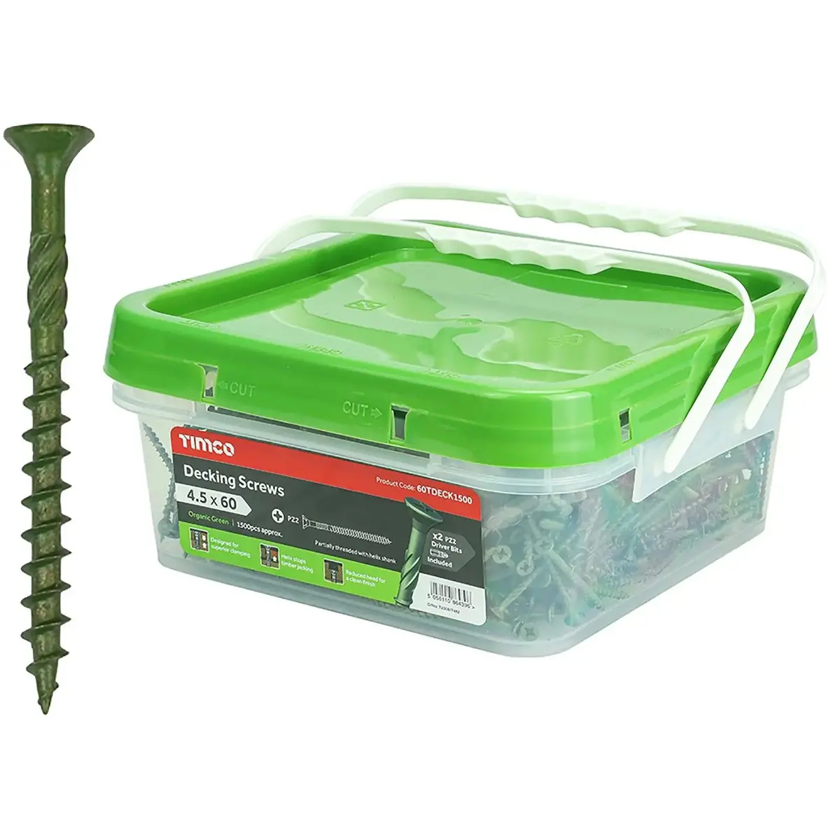Timco Decking Screw Countersunk Exterior Green Organic 4.5 X 60Mm Pozi 1500 Tub 1