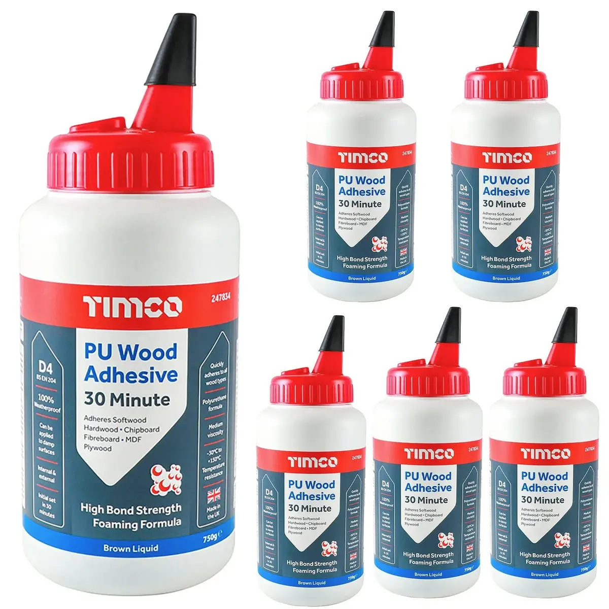 Timco Pu Wood Adhesive Glue 30 Minute 750G Brown Liquid Bottle (6 Pack) 1