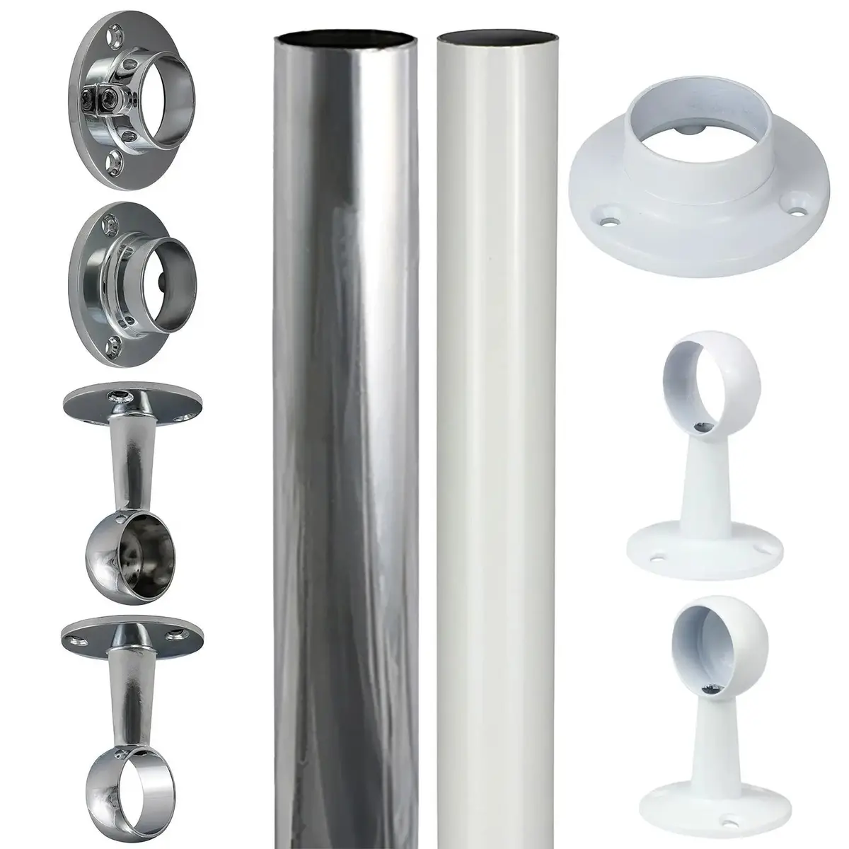 Timco Round Wardrobe Rail 25Mm Diameter End Sockets Brackets Polished Chrome Or White - Choose Length 1