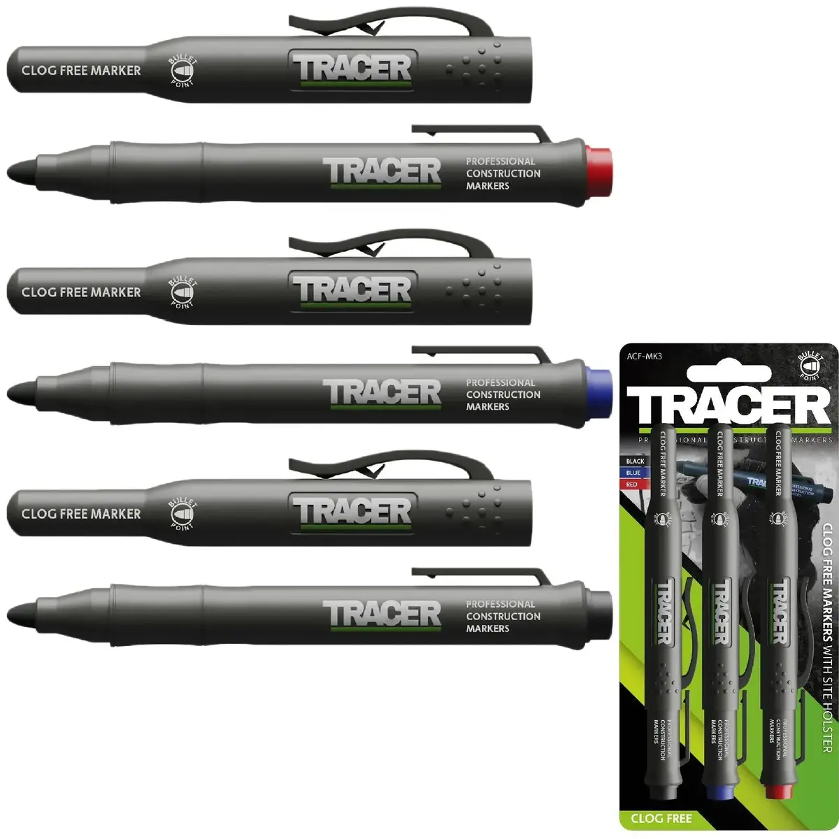 Tracer Clog Free Permanent Marker Kit 3 Piece Pack (Black Blue Red) Comes With Site Holsters 1