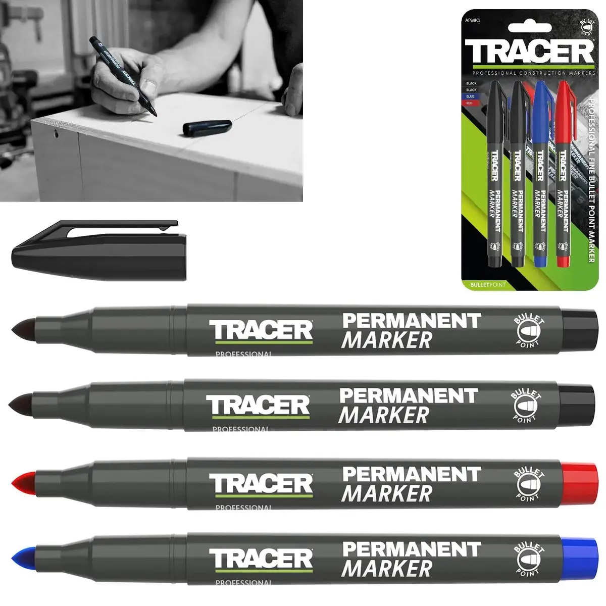 Tracer Permanent Marker Pen Pack Of 4 Black Red Blue 1-2Mm Fine Bullet Point 1