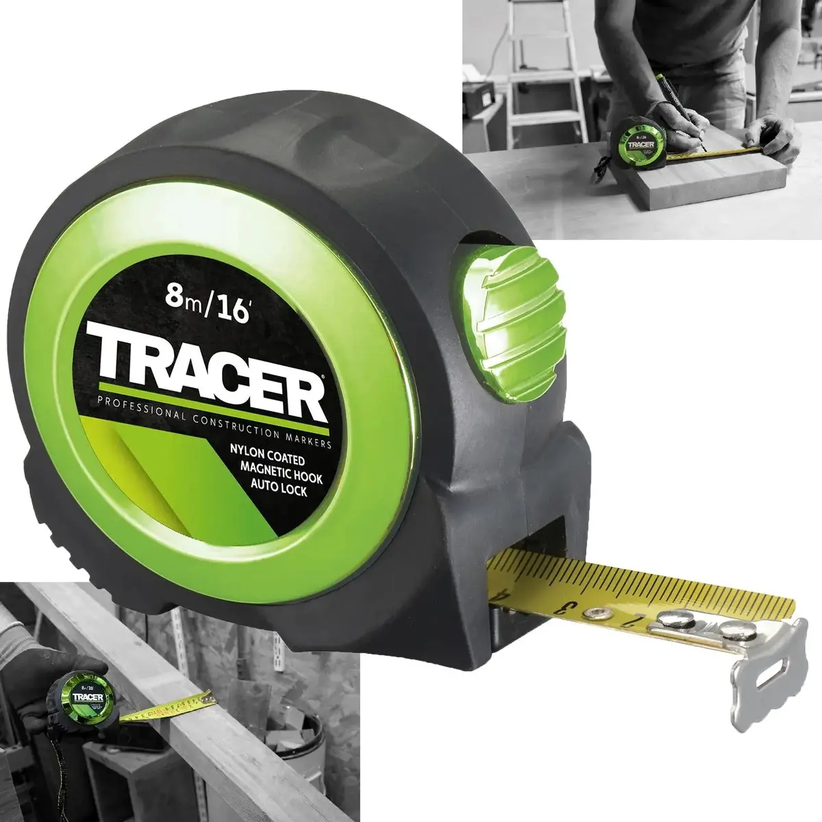 Tracer Tape Measure 8M Auto Lock Nylon Coated And Large Magnetic Hook 1