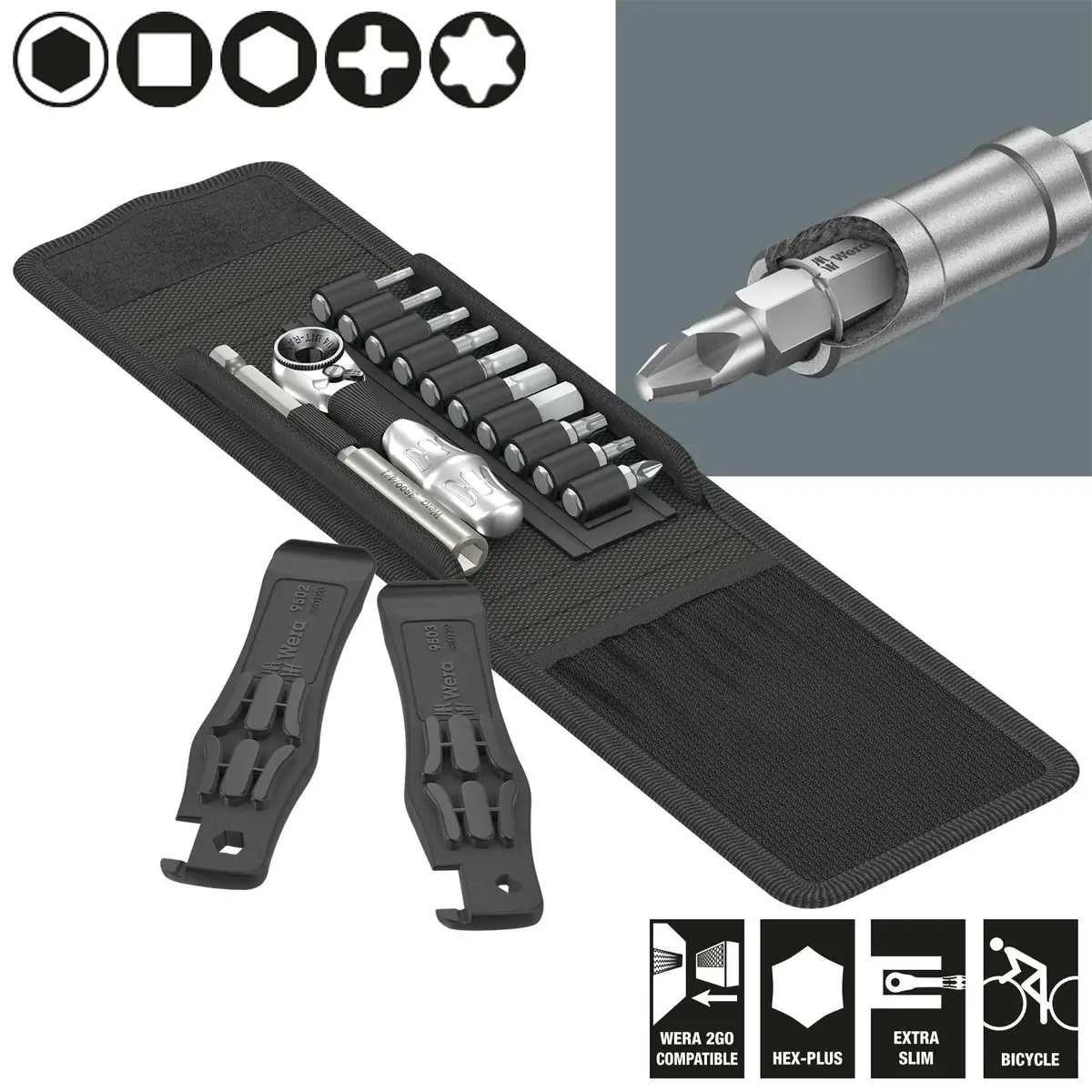 Wera Bicycle Set 1 14 Piece Tyre Levers 1/4" Hex Ratchet And Screwdriver Bits 1