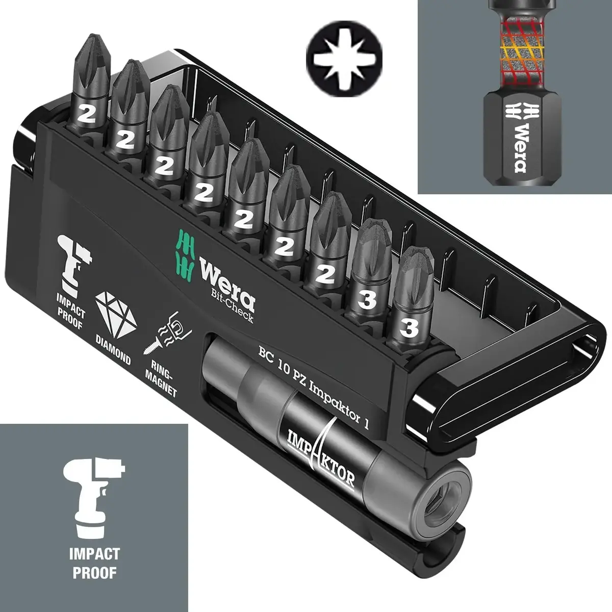 Wera Bit Check 10 Impaktor 1 10 Piece Pozi Impact Screwdriver Bit Set With Bit Holder 1