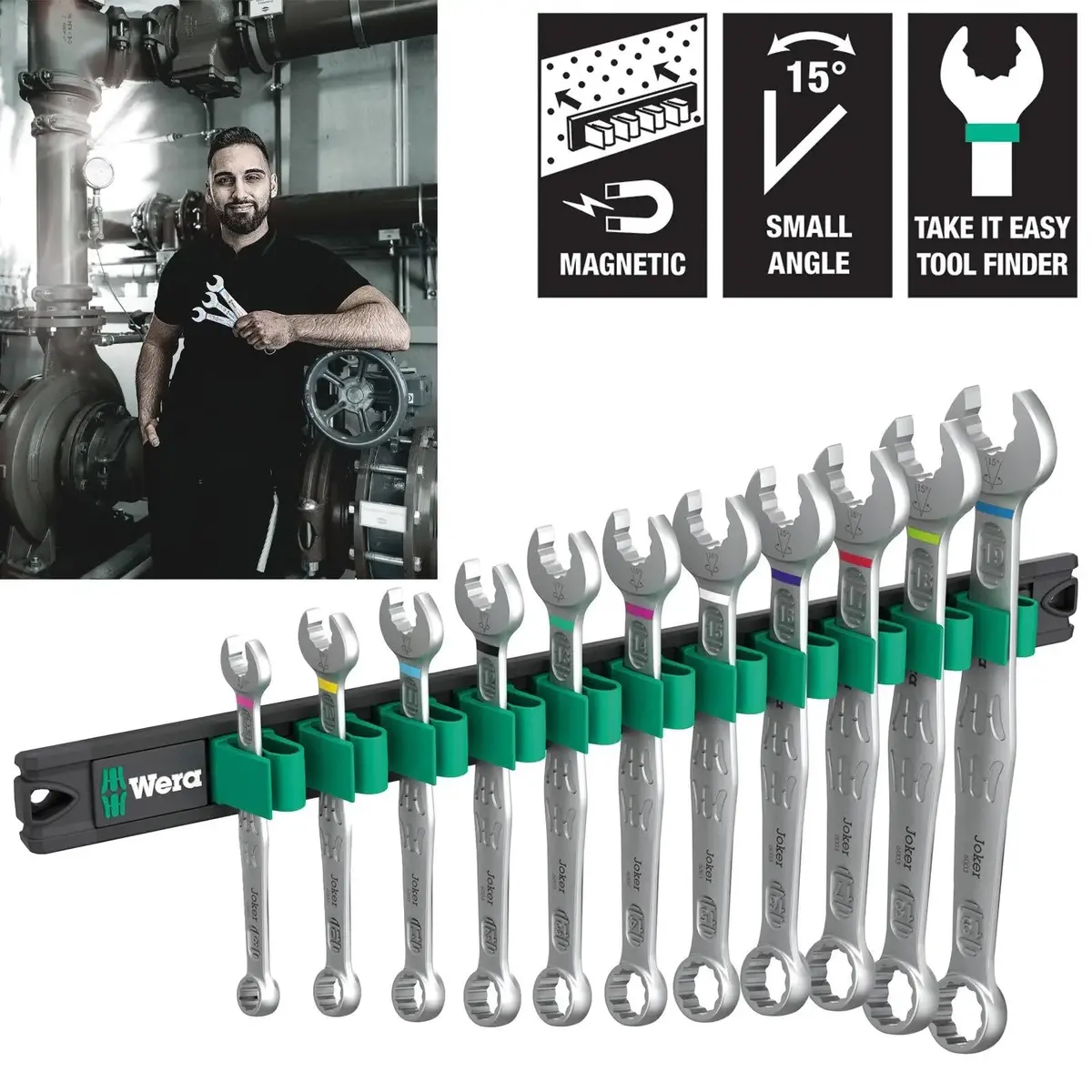 Wera Combination Spanner Wrench Set 6003 Joker 1 9640 Magnetic Rail 11 Pieces 8-19Mm 1