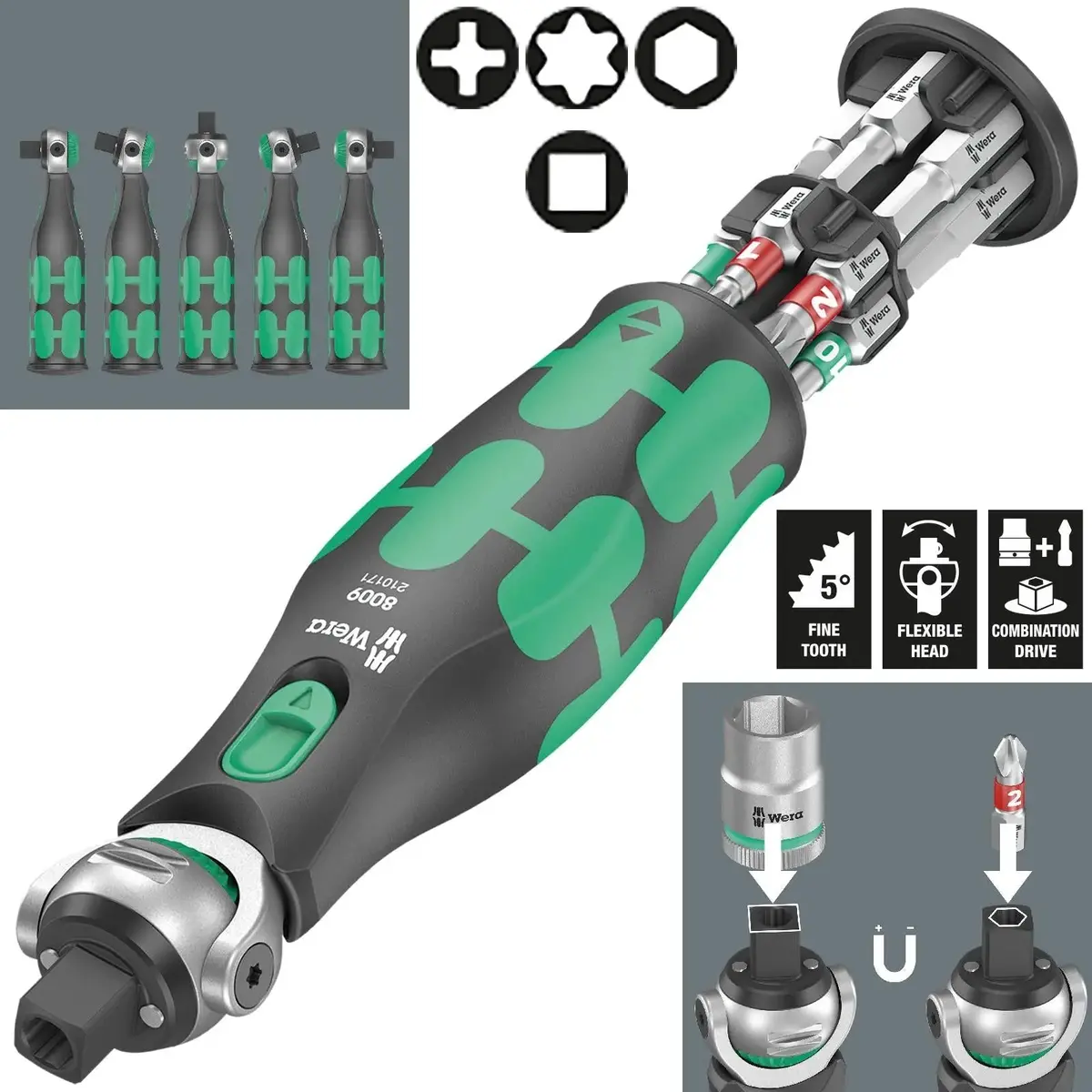 Wera Compact Screwdriver Socket Wrench Zyklop Pocket Imperial Set 1 13 Pieces 8009 3/8" Drive 1/4" Hex 1