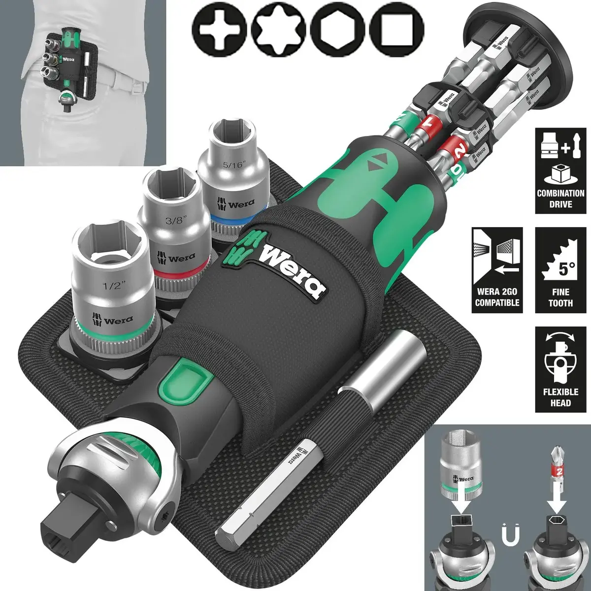 Wera Compact Screwdriver Socket Wrench Zyklop Pocket Imperial Set 2 18 Pieces 8009 3/8" Drive 1/4" Hex 1