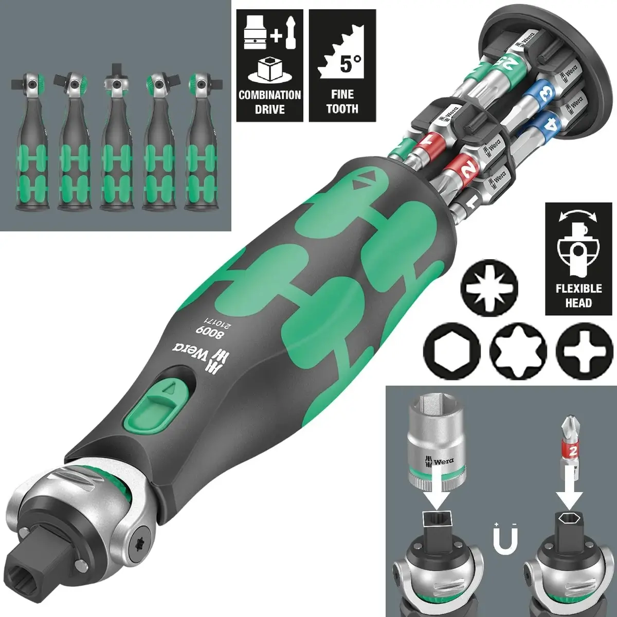 Wera Compact Screwdriver Socket Wrench Zyklop Pocket Set 1 13 Pieces 8009 3/8" Drive 1/4" Hex 1