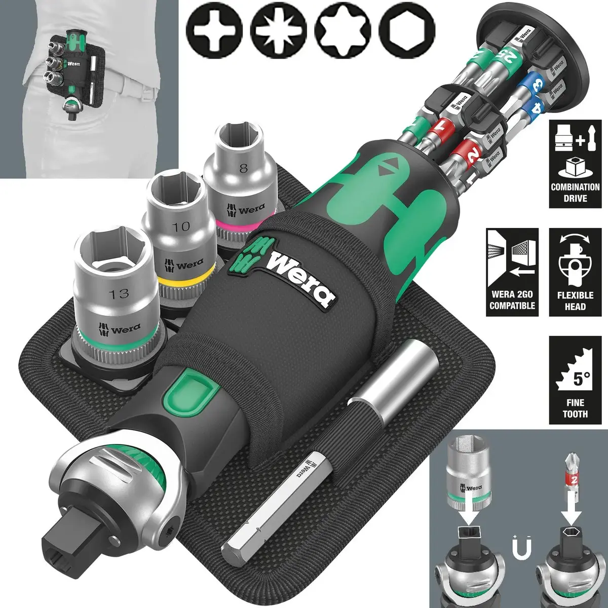 Wera Compact Screwdriver Socket Wrench Zyklop Pocket Set 2 18 Pieces 8009 3/8" Drive 1/4" Hex 1