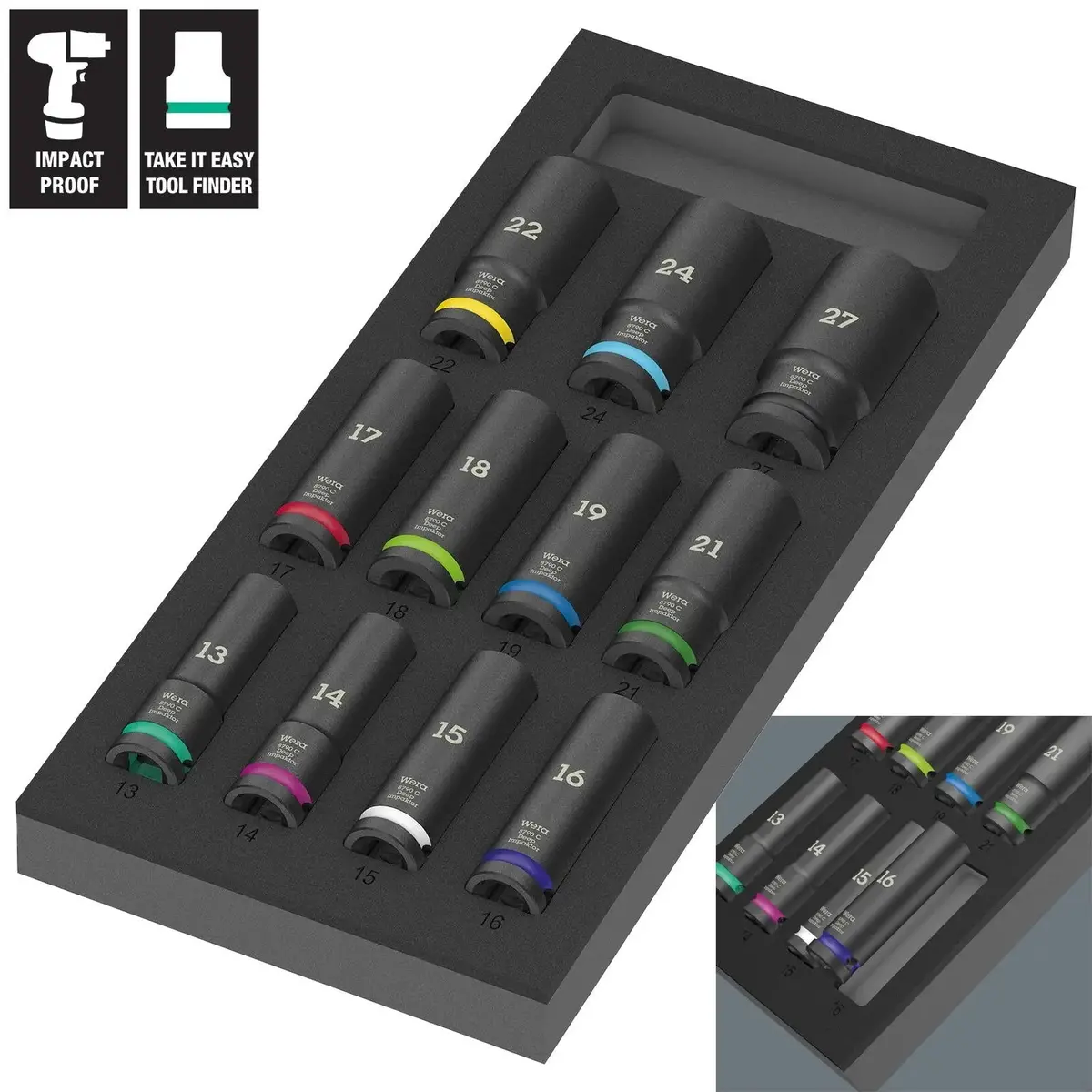 Wera Foam Insert Deep Impact Socket Set Zyklop C Impaktor Deep Socket Set 1 1/2" Drive 13-27Mm 9725 11 Pieces 1