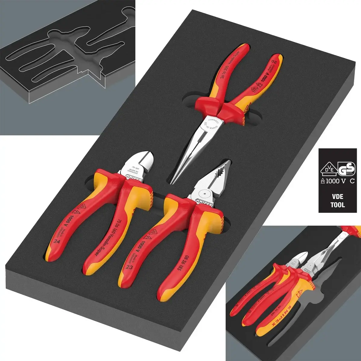 Wera Foam Insert Knipex Pliers Set Vde 1 Diagonal Stripper Snipe Nose Needle Nose Combination Pliers 9784 3 Pieces 1