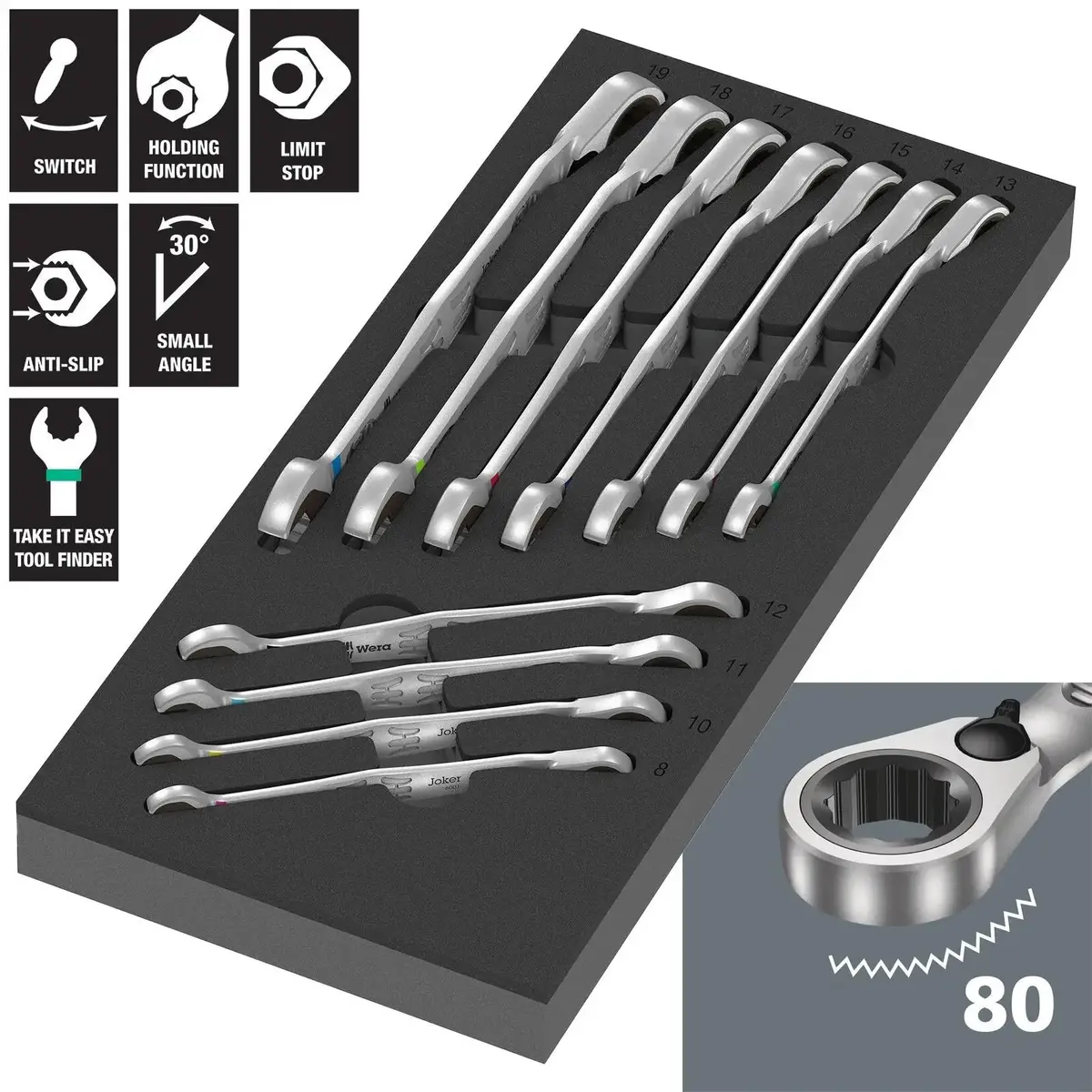 Wera Foam Insert Ratchet Combination Spanner Set 6001 Joker Switch Set 1 9733 8-19Mm 11 Pieces 1