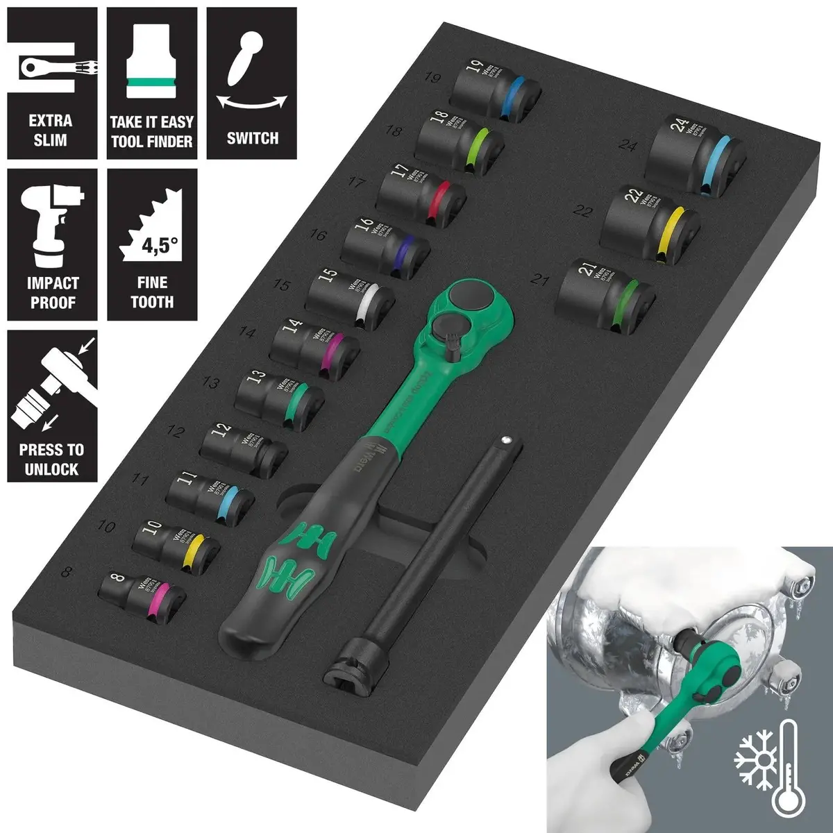 Wera Foam Insert Ratchet Wrench Socket Set 8010 B Zyklop Comfort Ratchet Set 1 3/8" Drive 9724 16 Pieces 1