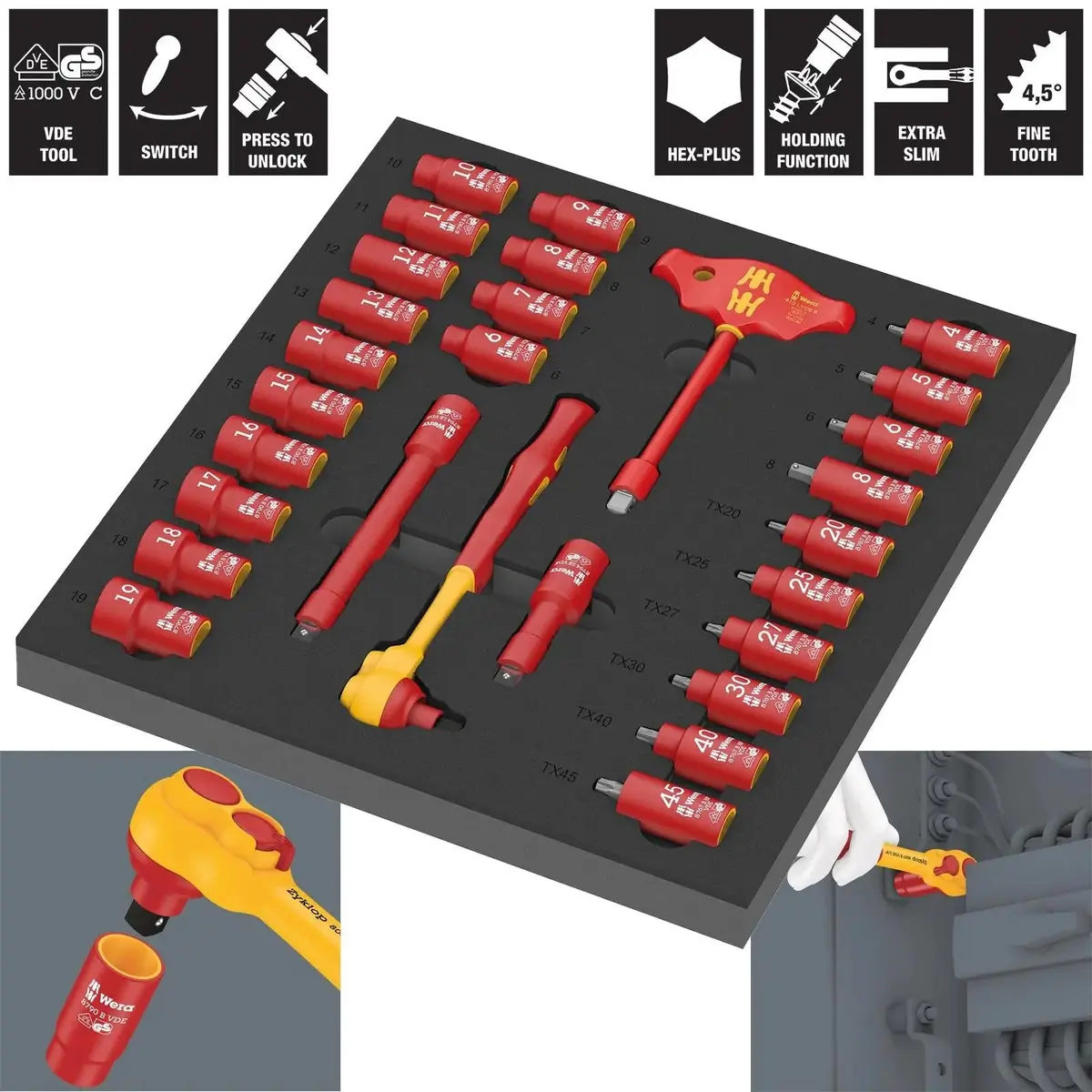 Wera Foam Insert Vde Ratchet Wrench Socket Set 8007 B Vde Zyklop Vde Ratchet Set 1 3/8" Drive 9726 28 Pieces 1
