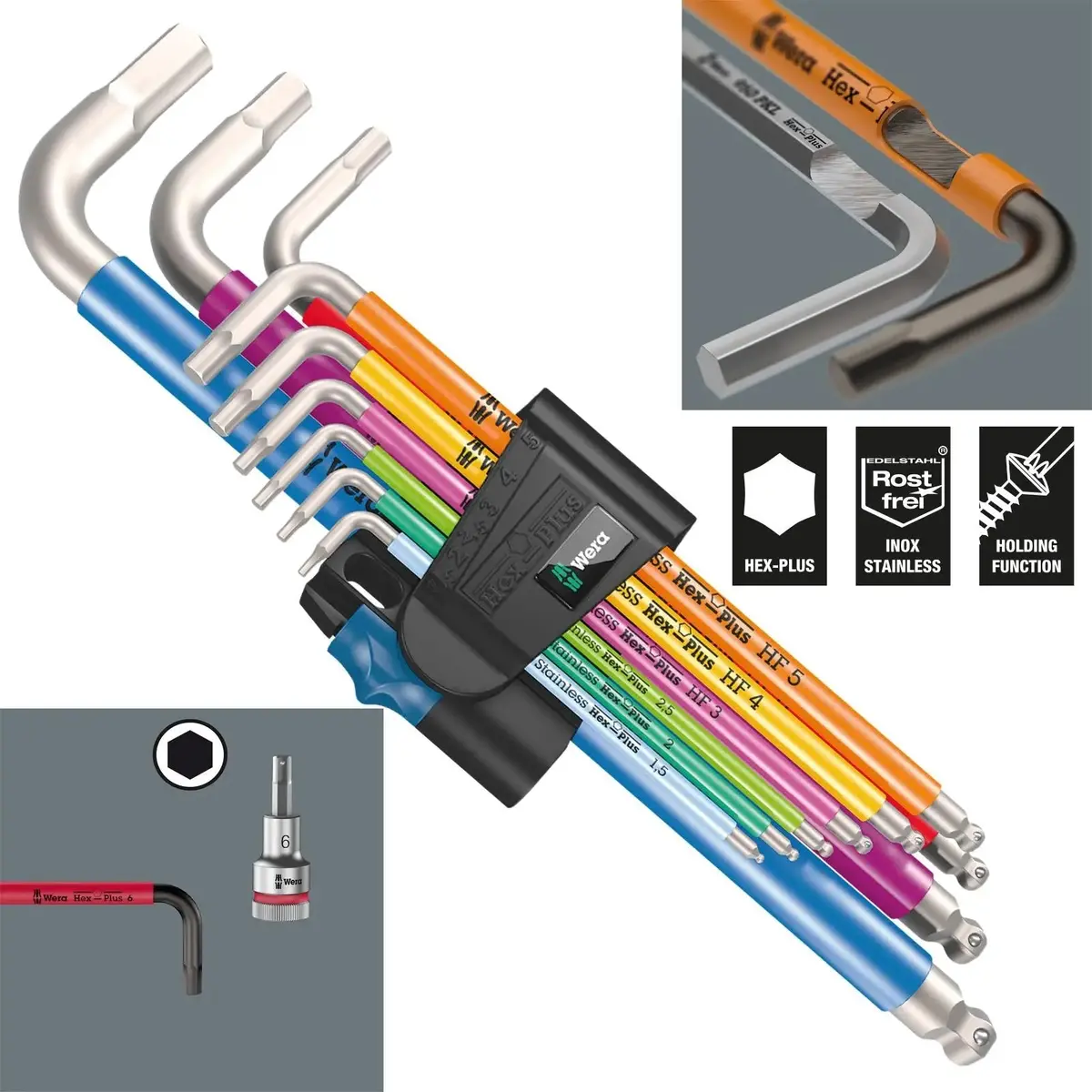 Wera Hex Key Set 3950/9 Multicolour Hf Stainless Steel 1 L-Key Metric Holding Function 9 Piece 1.5-10Mm 1