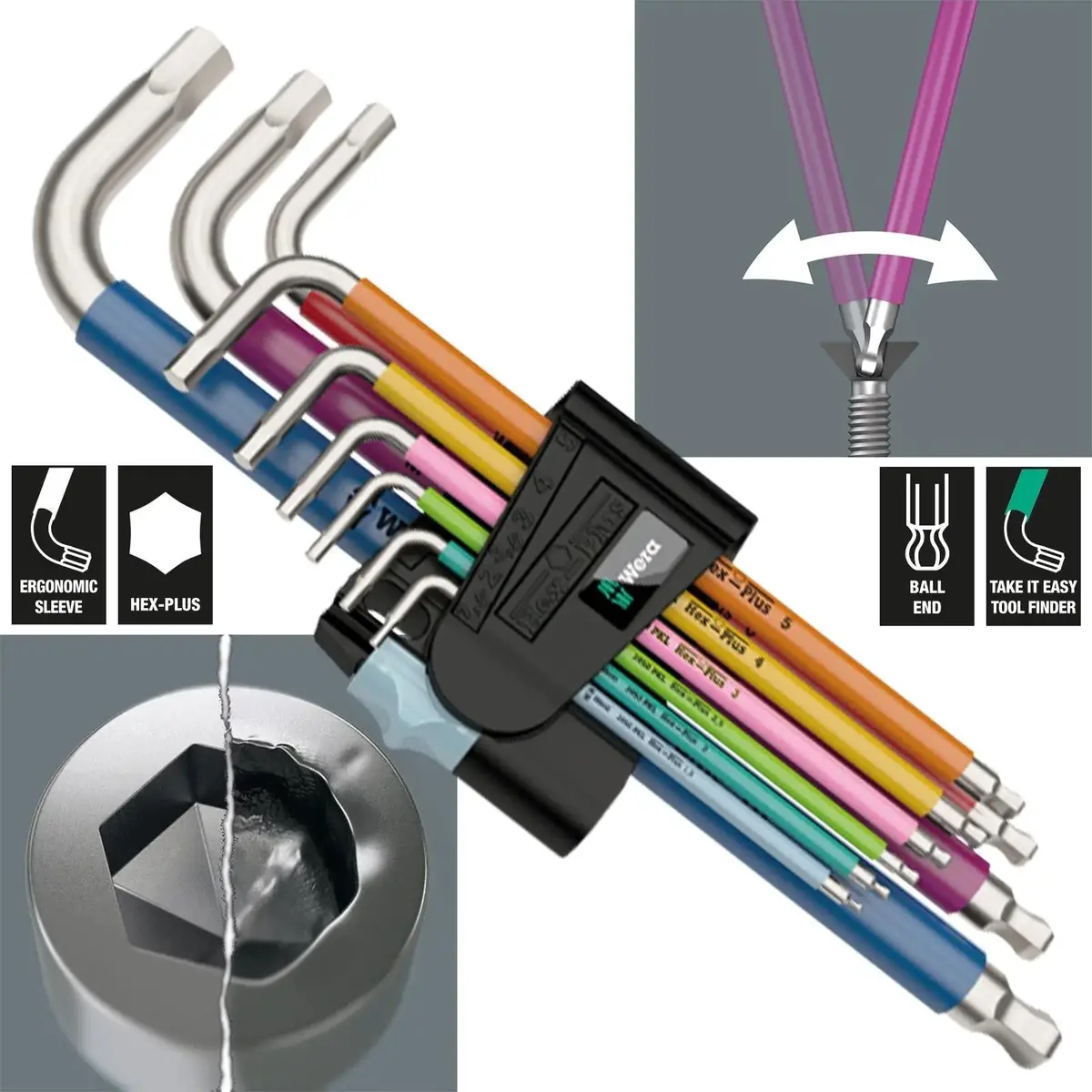 Wera Hex Key Set 3950/9 Multicolour Stainless Steel 1 L-Key Metric 9 Piece 1.5-10Mm 1