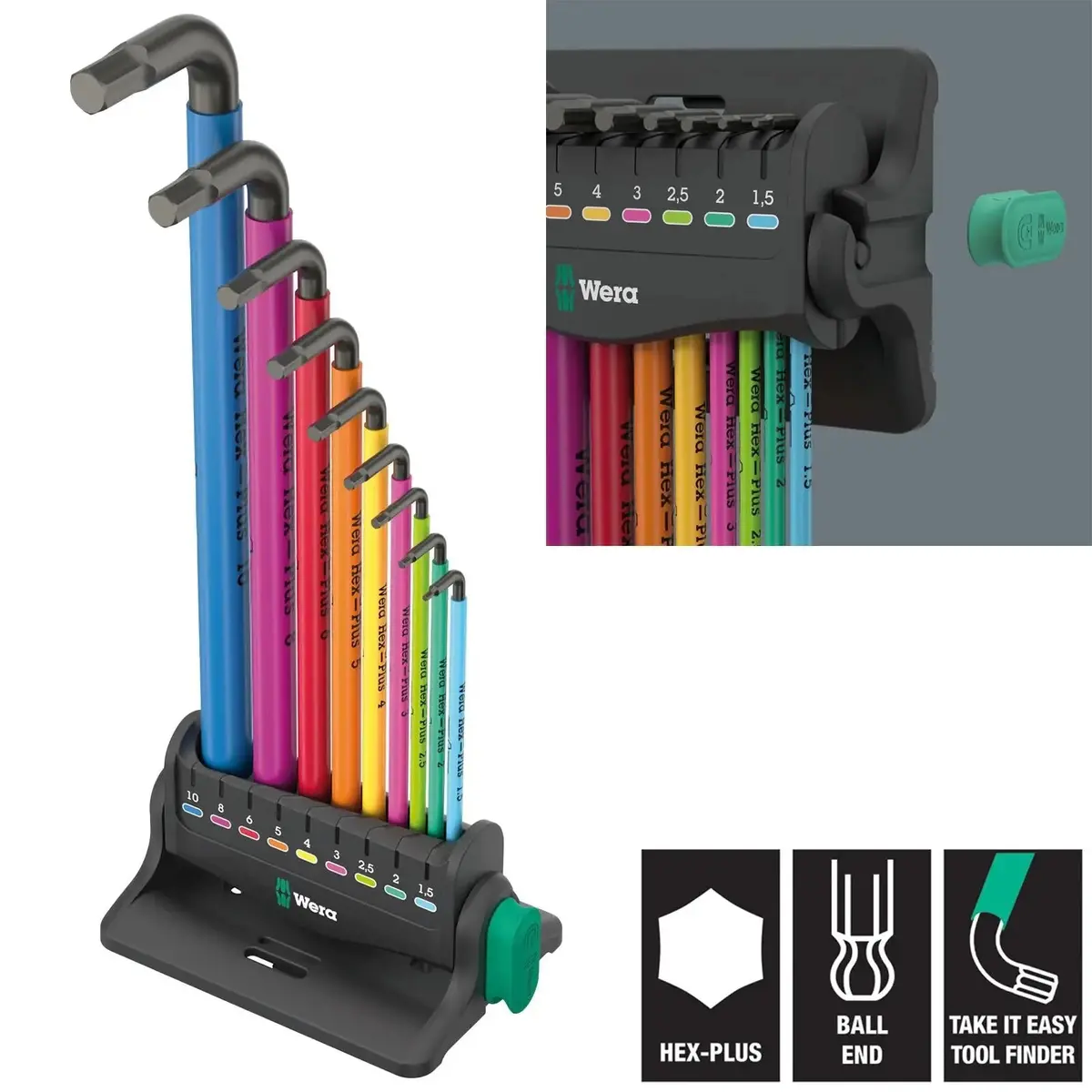 Wera Hex Key Set Stand Wall Rack 950/9 Hex Plus Multicolour 3 L-Key Set Metric Blacklaser 9 Pieces 1.5-10Mm 1