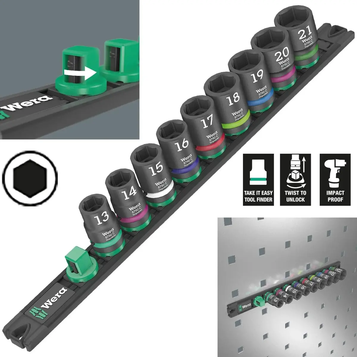 Wera Impact Socket Set 1/2" Drive On Magnetic Socket Rail C Impaktor 1 Zyklop 9 Pieces Metric 13-21Mm 1