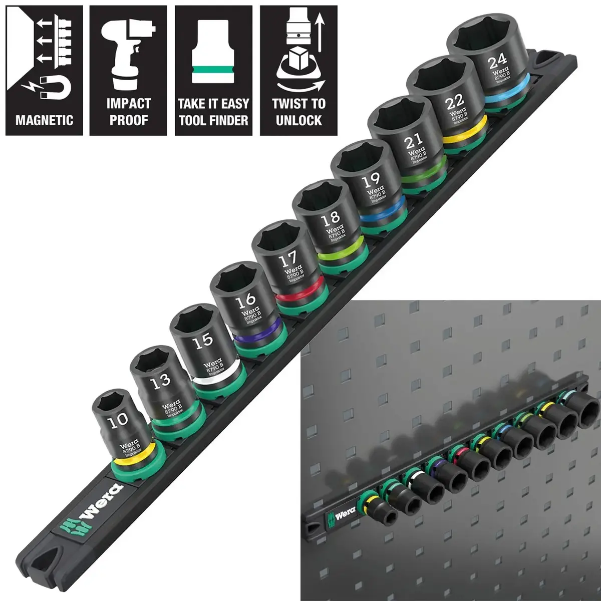Wera Impact Socket Set 3/8" Drive 10 Piece 9607 Magnetic Rail B Impaktor 1 Metric 10-24Mm 1