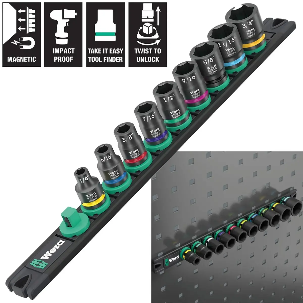 Wera Impact Socket Set 3/8" Drive 9 Piece 9608 Magnetic Rail B Impaktor 1 Imperial 1/4"-3/4 1