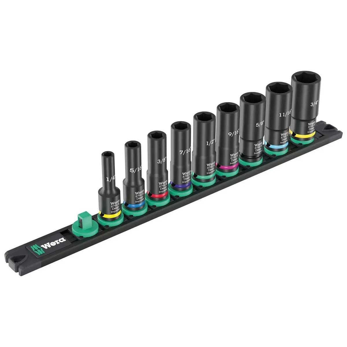Wera Impact Socket Set Deep 3/8" Drive 9 Pieces 9661 Magnetic Rail B Impaktor Deep Imperial 1 1
