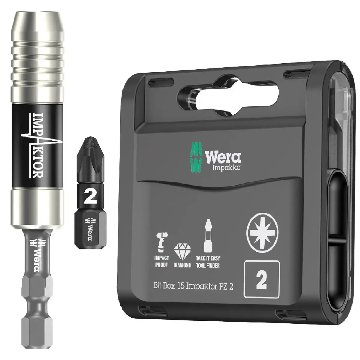 Wera Impaktor Bit Box Pz2 X 15 Bits Plus 897/4 Impaktor Magnetic Bit Holder 1/4" Hex 1