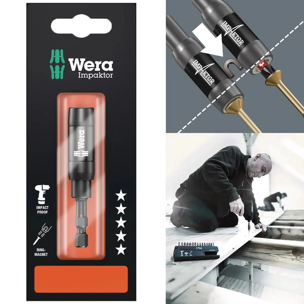 Wera Impaktor Impact Bit Holder With Retaining Ring And Ring Magnet 897/4 Imp R Sb 1/4" Hex 75Mm 1