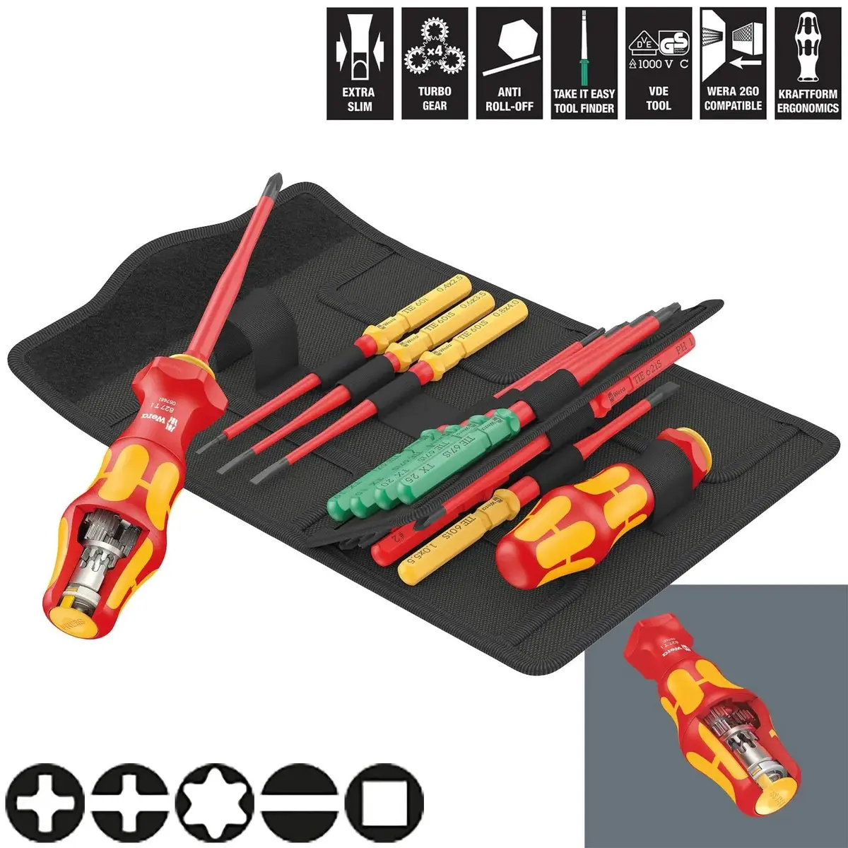 Wera Interchangeable Vde Screwdriver Set Kraftform Kompakt Turbo I Imperial 1 Tool Finder 16 Pieces Phillips Slotted Torx Square 1
