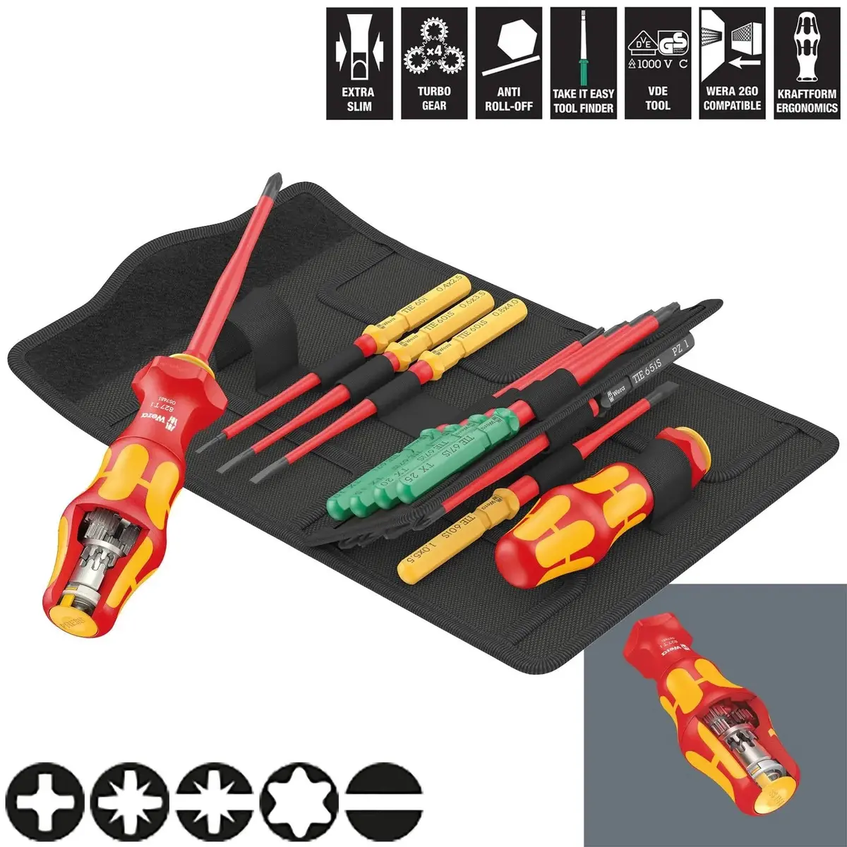 Wera Interchangeable Vde Screwdriver Set Kraftform Kompakt Turbo I 1 Tool Finder 16 Pieces Phillips Torx Pozi Slotted 1
