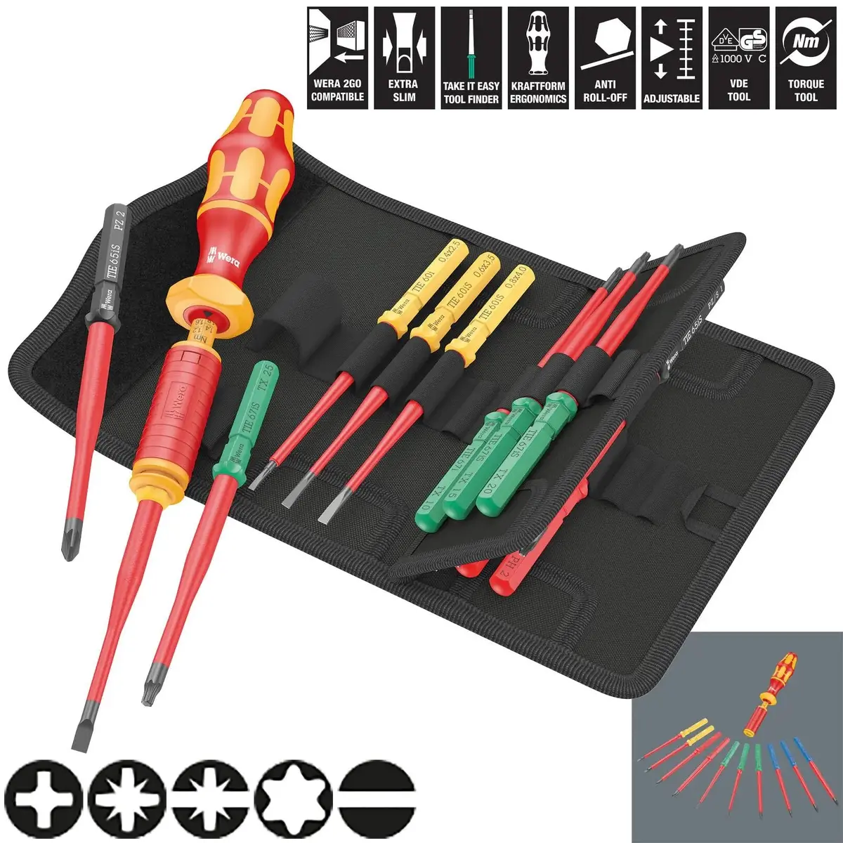 Wera Interchangeable Vde Screwdriver Set Kraftform Kompakt Vde 15 Torque 1.2-3Nm Extra Slim 1 Tool Finder 15 Pieces 1