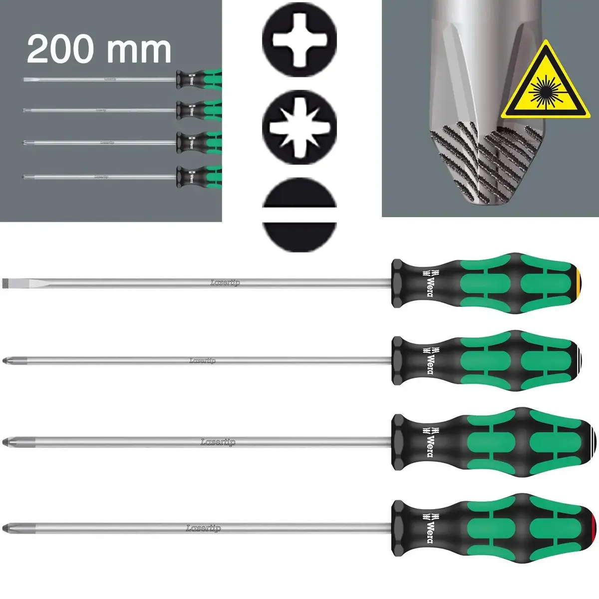 Wera Long Screwdriver Set Kraftform Plus Lasertip Series 4 Piece 200Mm Phillips Slotted Pozi 1