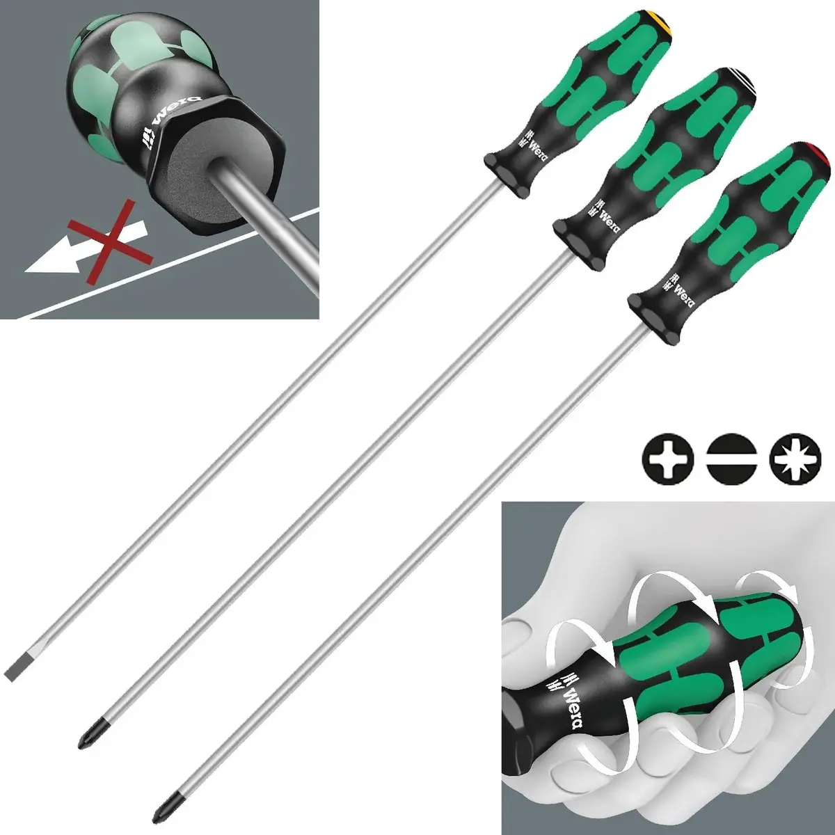 Wera Long Screwdriver Set Kraftform Plus Series 3 Piece 300Mm Phillips Slotted Pozi 1