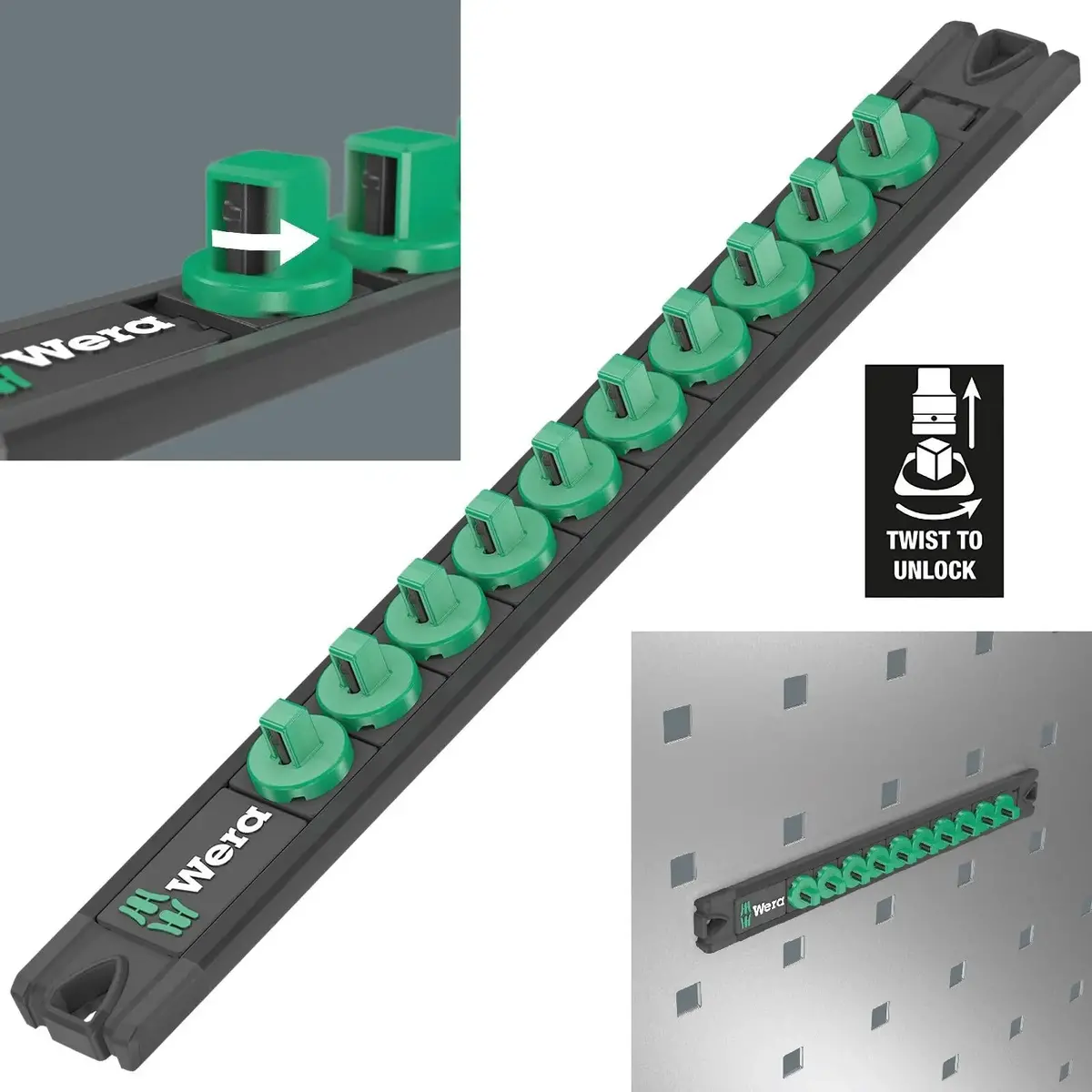 Wera Magnetic Socket Rail 1/4" Drive Twist To Unlock 9600 Empty 10 Socket Capacity 270Mm 1