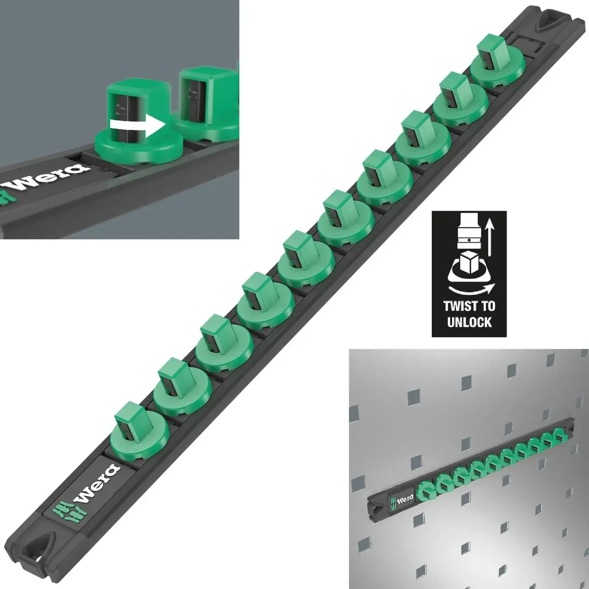 Wera Magnetic Socket Rail 3/8" Drive Twist To Unlock 9601 Empty 10 Socket Capacity 340Mm 1