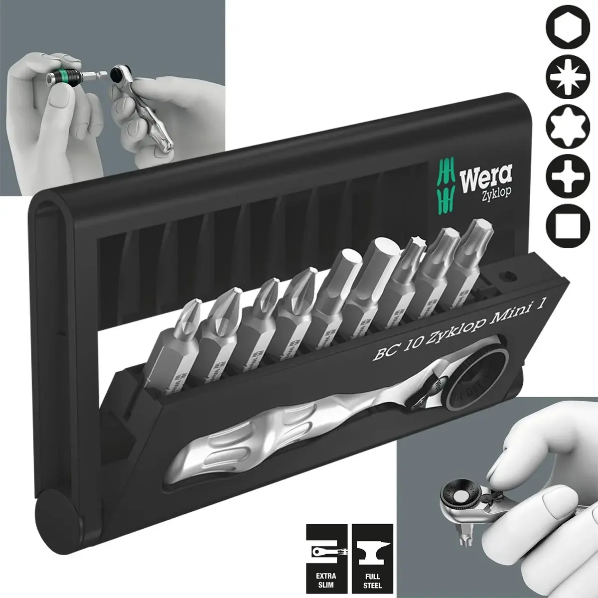 Wera Ratchet Driver 1/4" Hex 10 Piece Bit Check 10 Zyklop Mini 1 1