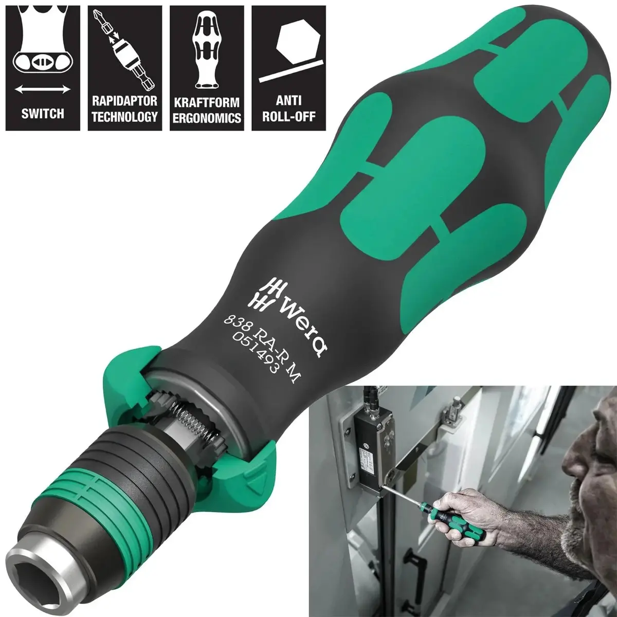 Wera Ratchet Screwdriver 1/4" Hex 838 Ra-R M Bitholding Driver Rapidaptor 1