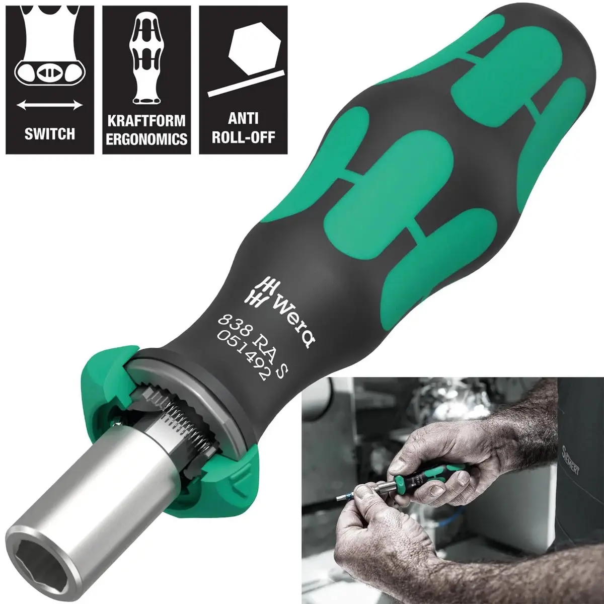 Wera Ratchet Screwdriver 1/4" Hex 838 Ra S Bitholding Driver 1