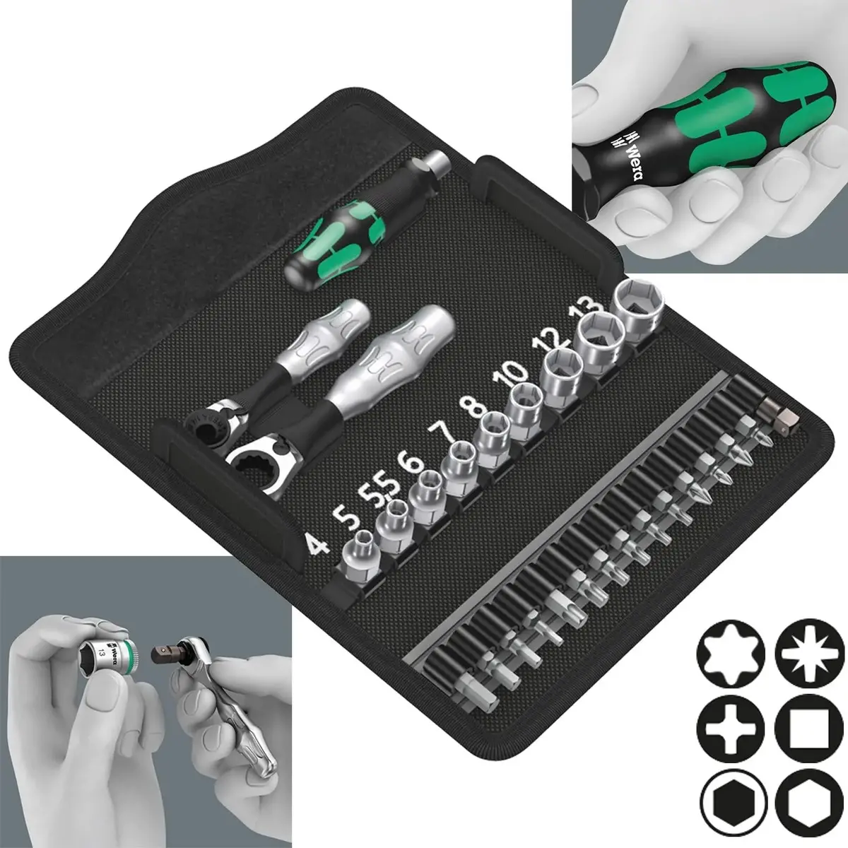 Wera Screwdriver Bit And Socket Set 27 Piece Kraftform Kompakt Zyklop Mini 2 1/4" Hex 1/4" Square Drive 1