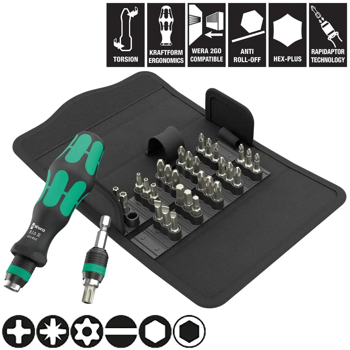 Wera Screwdriver Set 1/4" Hex Kraftform Kompakt Kk 70 Universal 32 Pieces Ph Pz Tx Bo Sl Hex 1