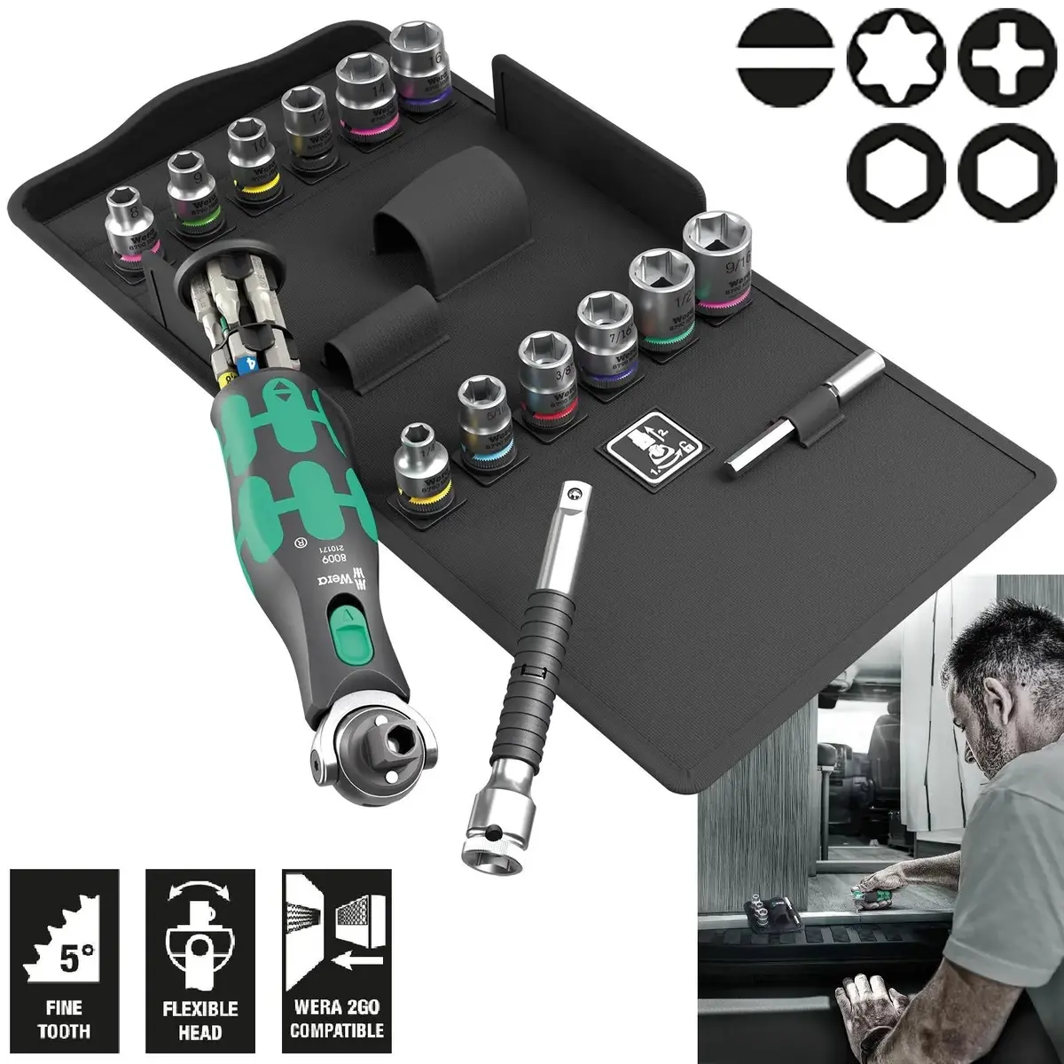 Wera Screwdriver Set 8009 Zyklop Pocket Set 4 Sockets And Bit Kit In Case 27 Pieces 1