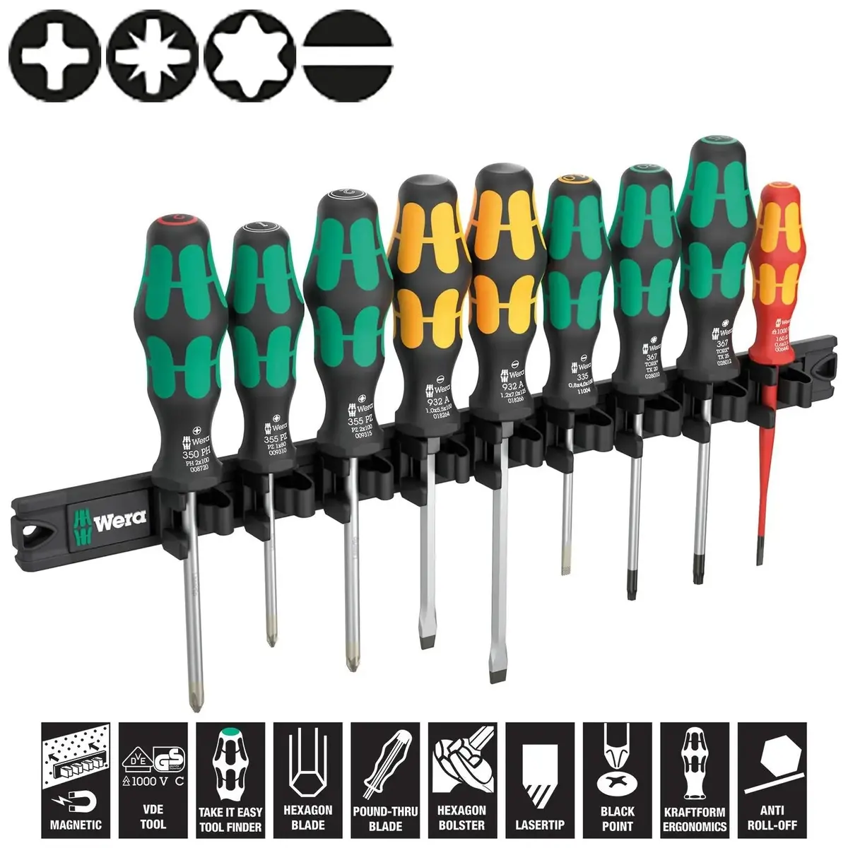 Wera Screwdriver Set 9650 Magnetic Rail Kraftform 9 Pieces Ph Pz Tx Sl 1