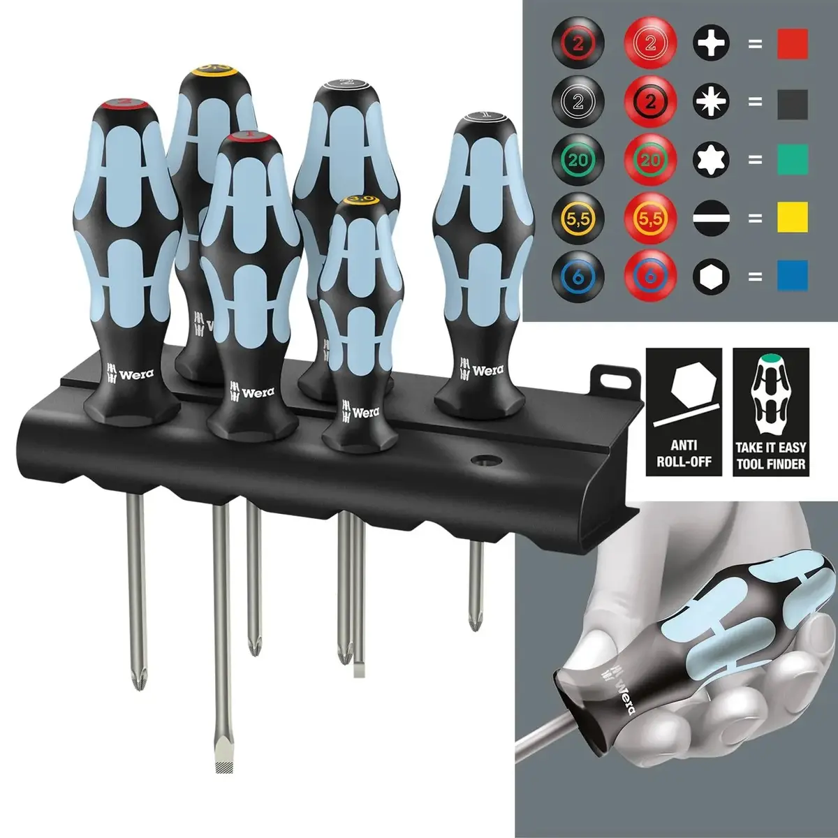 Wera Screwdriver Set Stainless Steel In Rack 6 Piece 3334/3350/3355/6 Phillips Pozi Slotted 1