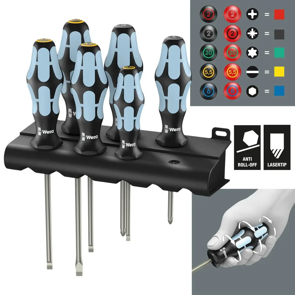 Wera Screwdriver Set Stainless Steel In Rack 6 Piece 3334/3355/6 Pozi Slotted 1