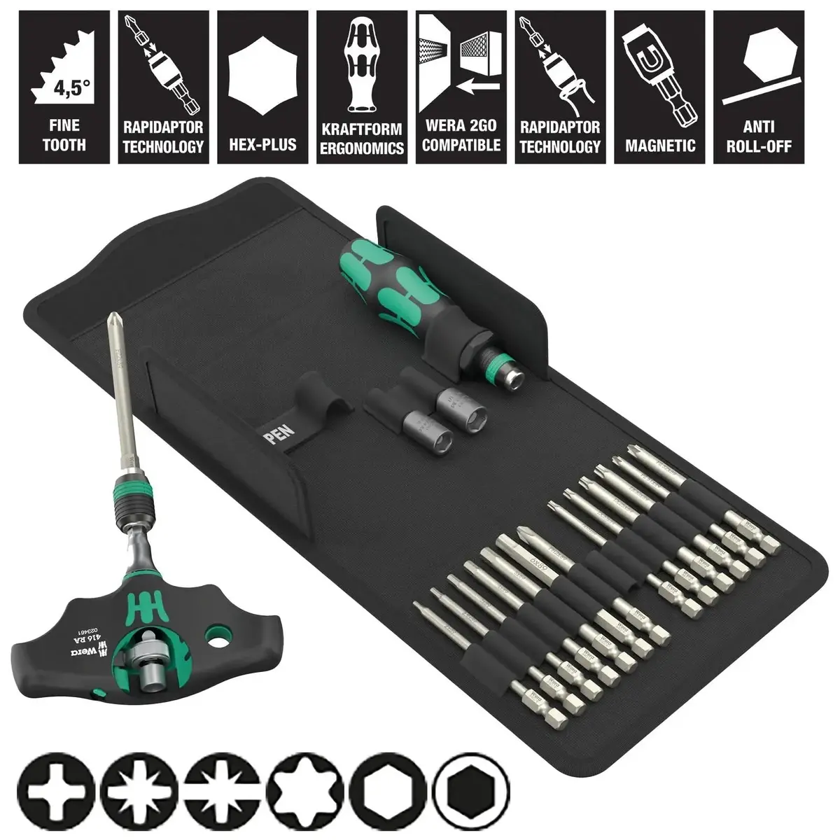 Wera Screwdriver Set T-Handle 1/4" Hex Kraftform Kompakt Kk 400 Ra Shk Set 1 19 Pieces Ph Pz Pz/S Tx Hex 1