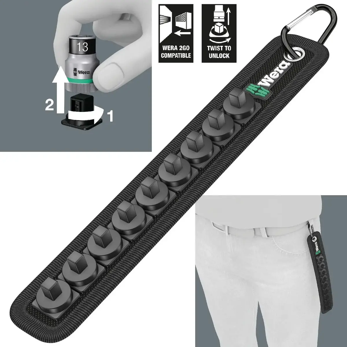 Wera Socket Rail A 1/4" Drive Textile Belt With Carabiner 9 Location Twist To Unlock Unloaded 1